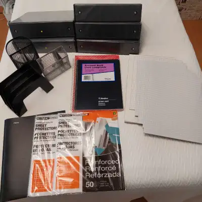 gros lot d'articles de bureau à l'état neuf. le lot comprend : 5 cartables 3" 2 support à crayons 1...