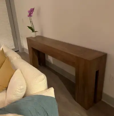 Beautiful 80-inch farmhouse-style console table in walnut brown., View more