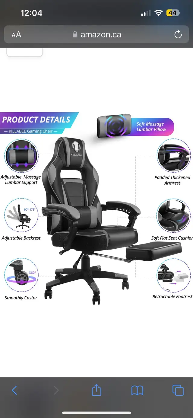 KILLABEE Massage Gaming Chair High Back PU Leather PC Racing in Chairs & Recliners in Markham / York Region - Image 8