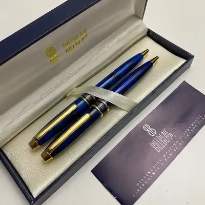 New designer pen set by Bill Blass Blue with gold accents Ballpoint pen and pencil Perfect working c...
