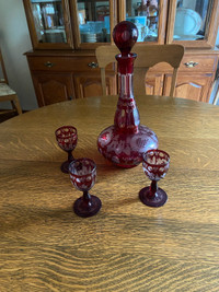 Antique Etched Cranberry Glass Decanter Set