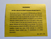 Nintendo NES Rear Projection TV Yellow Warning Insert NES-RPTV-U
