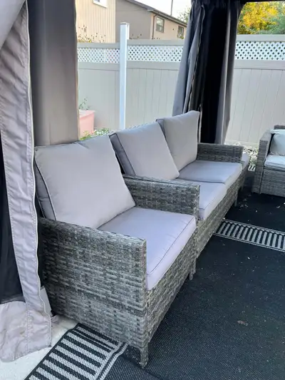 2 beautiful couch sectional & lounging chairs w/ fire pit more, View more