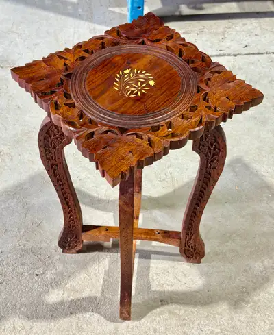 Hand-Carved Wooden Plant Stand (w Wood Floral Design Inlay), View more