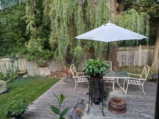 Patio Party!! Solid Glass Table, 5 Chairs & Umbrella w/ Base! in Patio & Garden Furniture in City of Toronto - Image 3