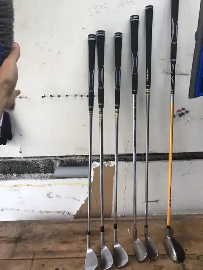 Left handed gold clubs. Driver is 38” for reference. Driver 6 iron 8 iron 50, 56, 60 degree irons