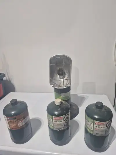 Propane heater comes with 4 cylinders and stand with handle. Works great