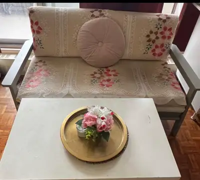 Wooden Loveseat with Floral Cover, View more
