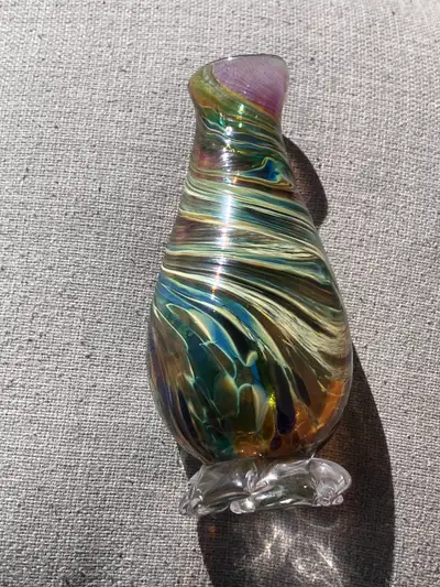 Beautiful Iridescent 6.5" hand blown vase, Dirwood Glass? Signed