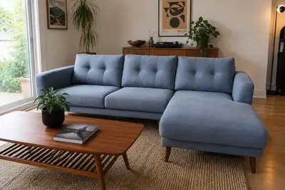 modern blue right facing sectional couch, View more