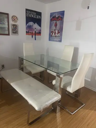 Dining set with bench - glass/chrome, View more
