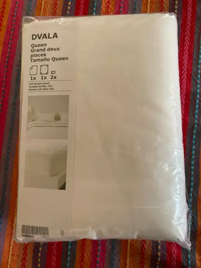 IKEA Dvala Queen Sheet Set 4-Piece White 100% Cotton Bedroom bed Linen 1 flat shee1 fitted sheet 2 p...