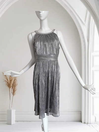 R&M Richards Shimmering Silver Pleated Midi Dress Size 6, View more