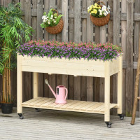 Mobile Raised Garden Bed Elevated Wood Planter Box w/ Lockable W
