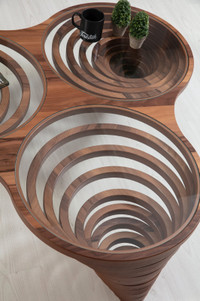 Tri-Circle Walnut Coffee Table, Tempered Glass, Unique Design