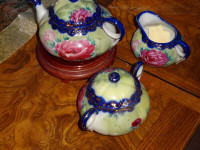 Pottery tea set ,antique,large cabbage roses,size pot,  3 pieces
