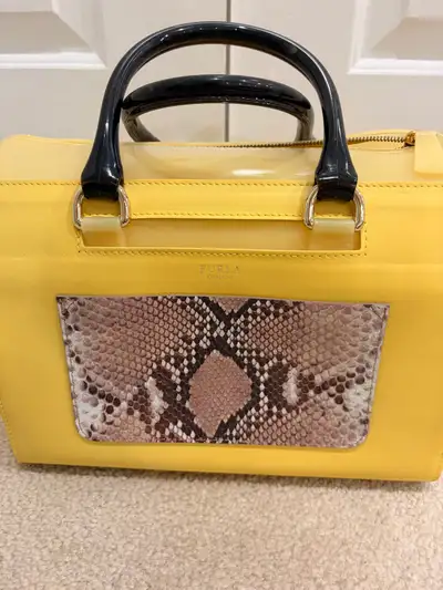 This is a Furla Candy satchel in yellow rubber and snakeskin-embossed leather. New never used