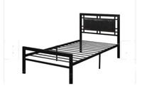 Metal frame twin bed with  leather upholstered headboard black