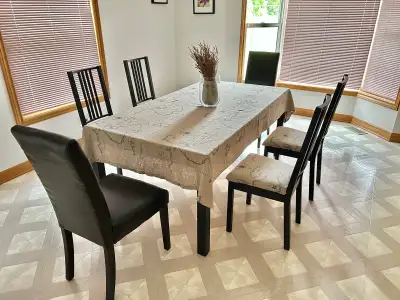 IKEA 37.5”×69” Dining Table+6 Chairs+Tablecloth, View more
