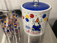Vintage Blue Light 1987 SpudsMacKenzie ice bucket and 3 glasses 