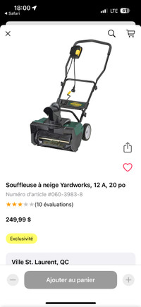 Souffleuse Yardworks 12A / 20-in Electric Snow Thrower