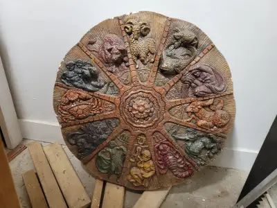 Huge 31" diameter round vintage Gypsum plaster cast Zodiac chart. Highly detailed with colorful pain...