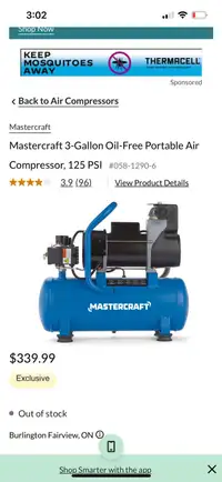 Mastercraft 3-gallon oil free portable Air compressor . 125PSI.