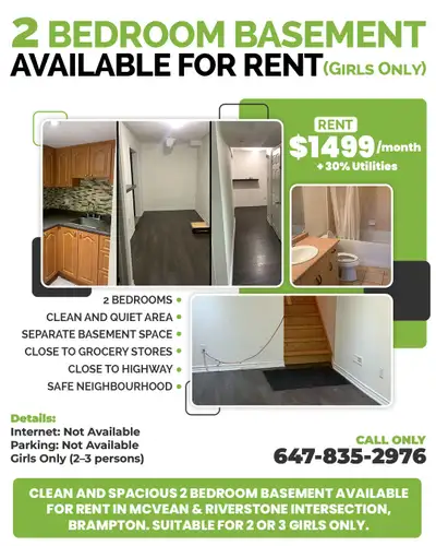 Clean and spacious 2 Bedroom Basement available for rent in McVean & Riverstone Intersection, Brampt...