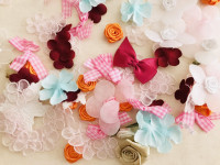 1 Bag of Artificial Flowers Ribbons Bows Leaves Appliqué Patch