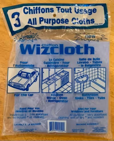 Open package of 2 Chiffon Wizcloth all purpose wet or dry machine washable cleaning cloths. For use...
