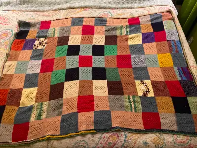 Vintage 44" x 60" handmade patchwork crocheted blanket, View more