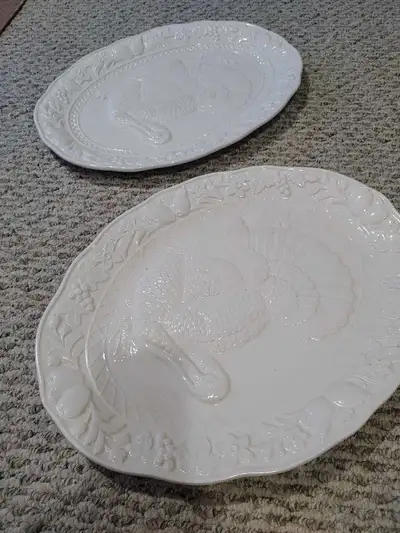 Set of two Embossed 18"  ceramic turkey platters made in Japan, View more