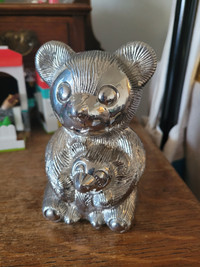 VTG Teddy Bear & Baby Piggy Bank Godinger Silver Plated art