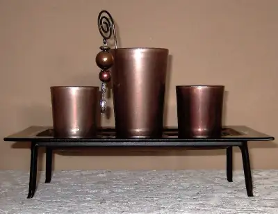 BROWN GLASS TRAY & 3 GLASS CANDLE HOLDERS ETC., View more