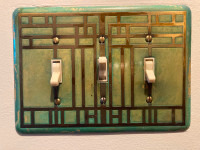Brass verdigris 3-toggle switch plate, art deco style, $30