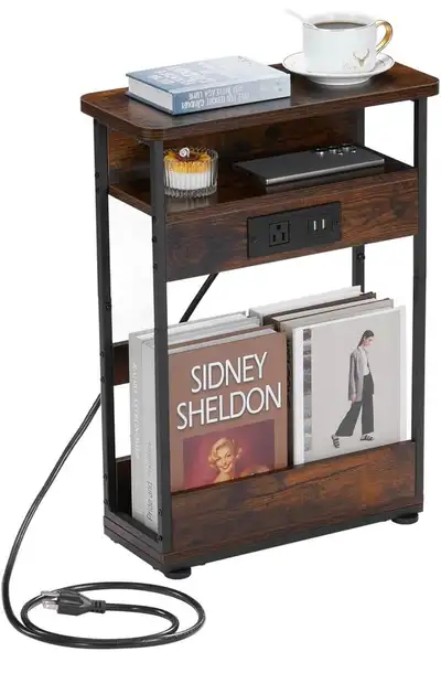 Narrow End Table with Charging Station – Rustic, View more