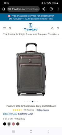 Travelpro Platinum Elite 22" Carry-On Luggage in Vintage Grey