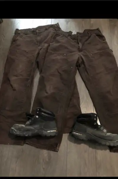 Selling a pair Carhartt hard toe work boots size 11 with 2 pair double knee work pants waist 34 & 36...