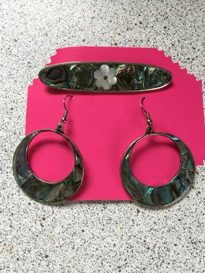 Vintage Alpaca abalone earrings and hairpin, View more