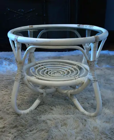 Vintage White Bamboo Round Side Table, View more