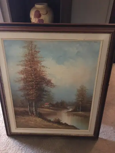 Original oil painting country cottage scene on water oil painting in a nice wooden frame size 26”w b...