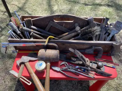 Antique wooden tool box and tools, View more