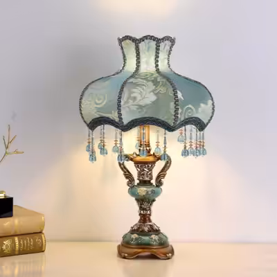 - new in box: Antique Victorian Lamp Blue Fabric Table Lamp European Pastoral Nightstand Lamp Vase S...