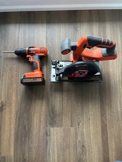 Black+Decker 20V lithium-ion cordless drill and circular saw. Includes one battery and charger. New...