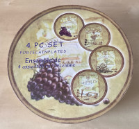4 Porcelain Dessert Plates French Country Style Wine Label Theme