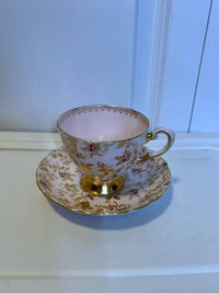 TUSCAN SUNSHINE PATTERN PINK GOLD GILT ROSEBUDS TEA CUP AND SAUC