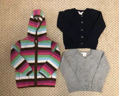 Girls sweaters Hoody is 2T Navy and grey button up sweaters are 18-24 months All are in EUC $15 for...