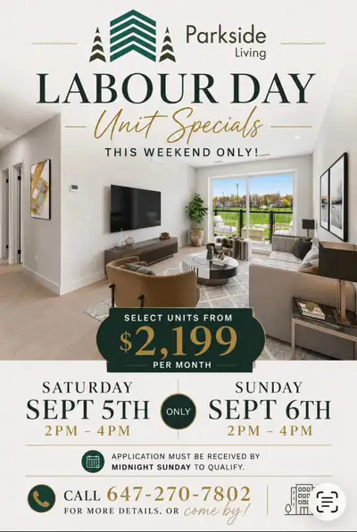 LABOUR DAY UNIT SPECIALS – THIS WEEKEND ONLY! Parkside Living in Thorold is offering select units fr...