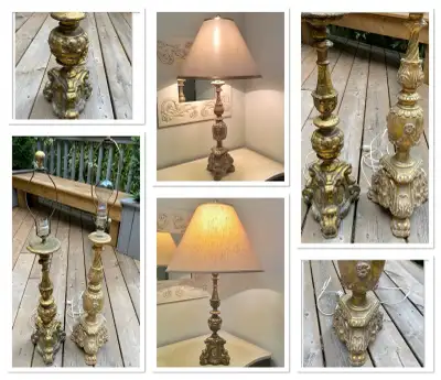⭐️2 gilded antique wood alter pricket candlesticks made to lamps⭐️ ⭐PRICED SEPARATELY OR SOLD AS A S...