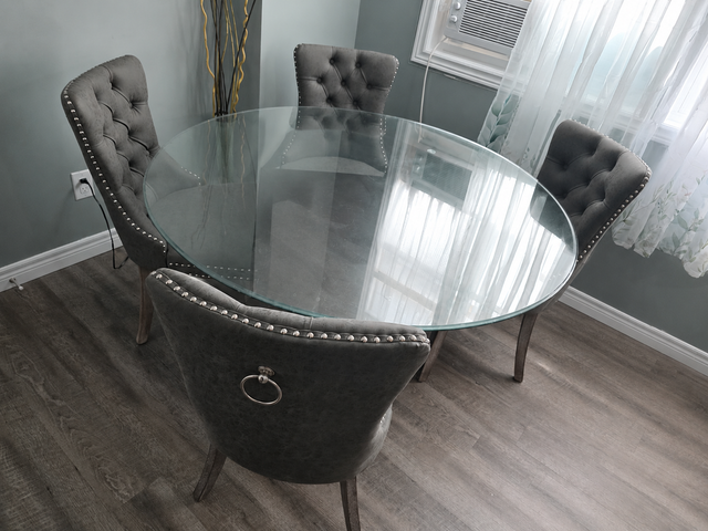 Modern Glass Dining Table Set w/ 4 Tufted Chairs - $200 in Dining Tables & Sets in Hamilton - Image 2